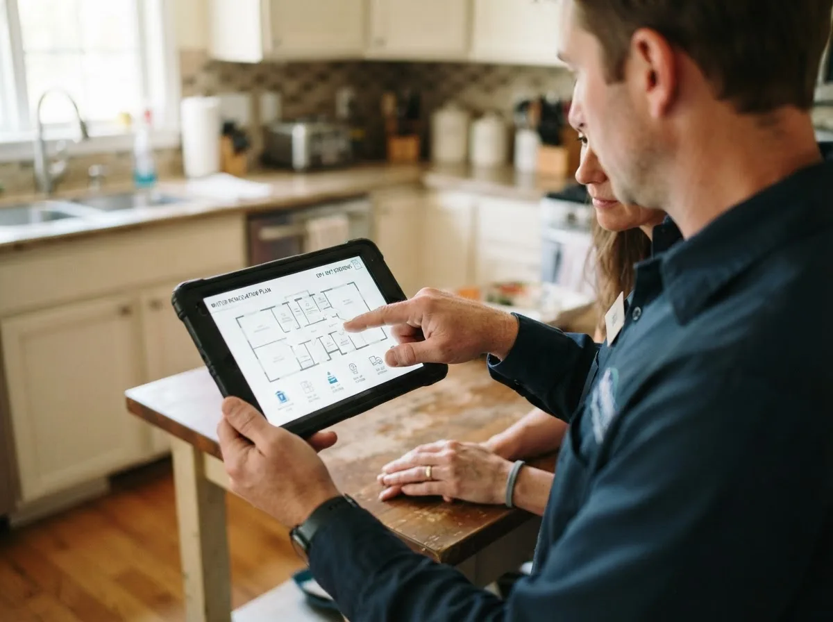 Water damage restoration technician inspecting a home in Coon Valley, WI